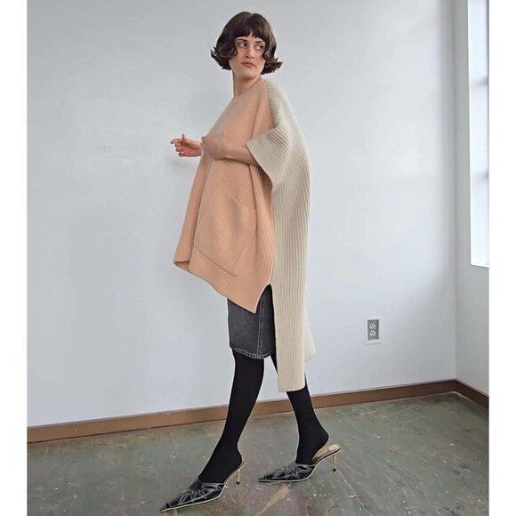 Chloe Ribbed Knit Cashmere Poncho Pink/Beige, size XS/S (fits up to XXL) - Picture 3 of 12